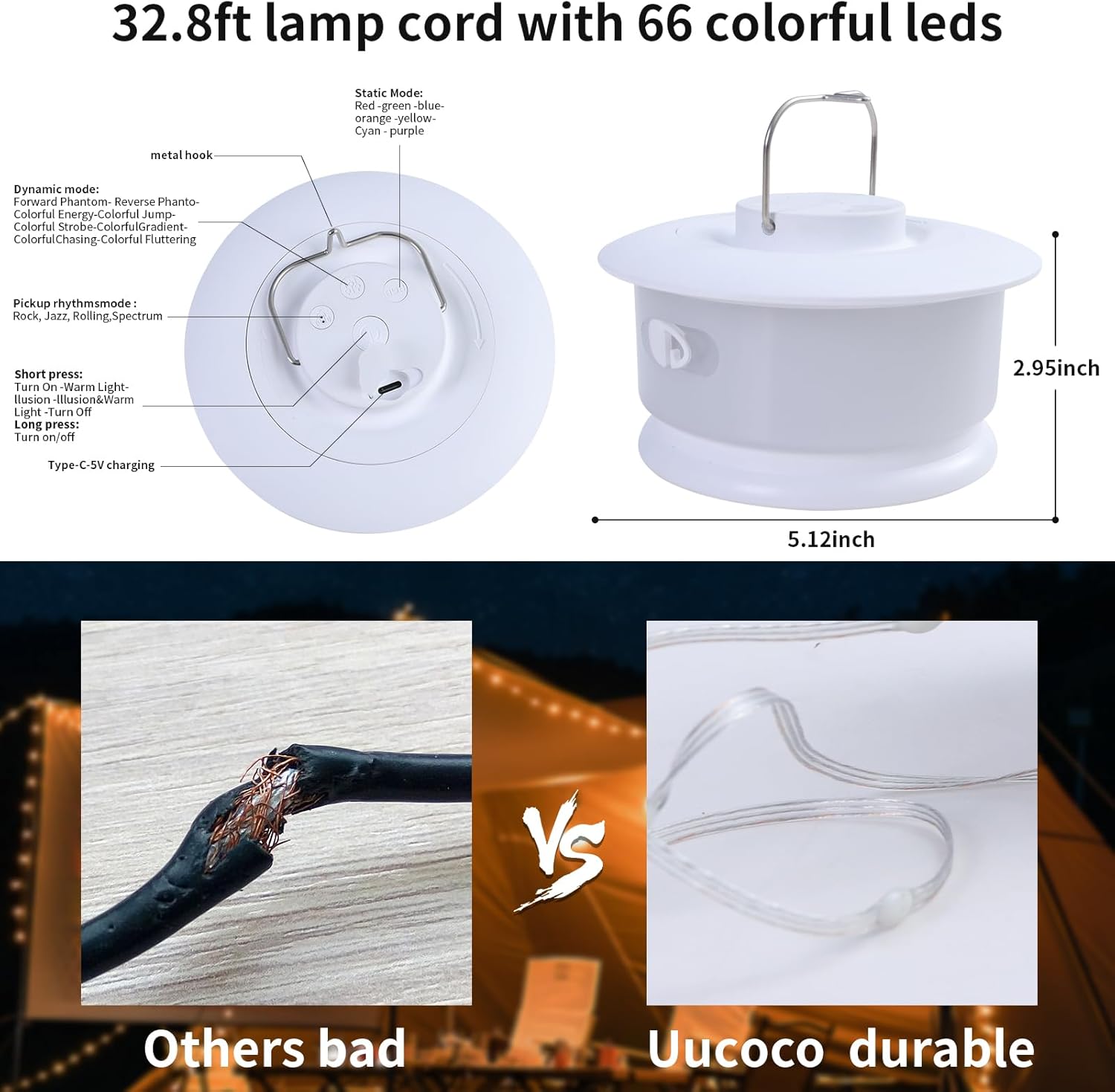 Camping String Lights Outdoor – Portable Rechargeable Tent Lamp, 33ft Colorful LED