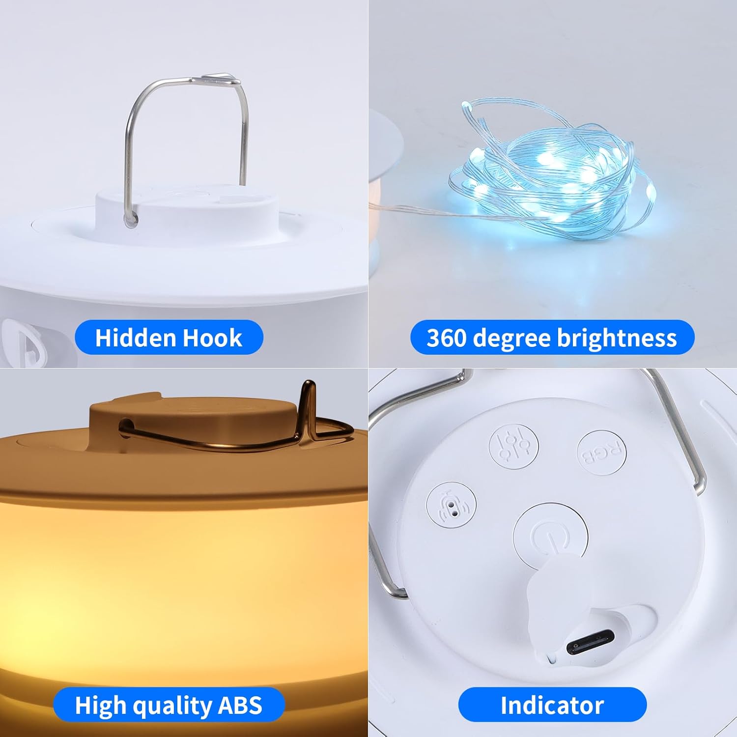 Camping String Lights Outdoor – Portable Rechargeable Tent Lamp, 33ft Colorful LED