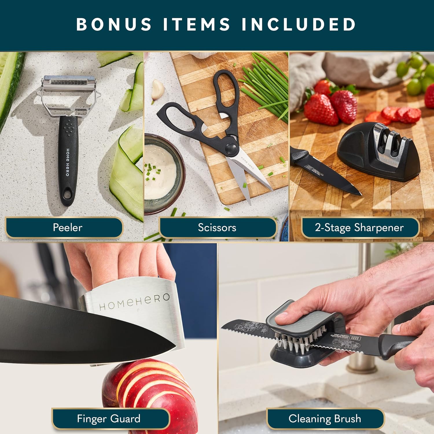 Home Hero 20-Piece Kitchen Knife Set with Block & Built-In Sharpener