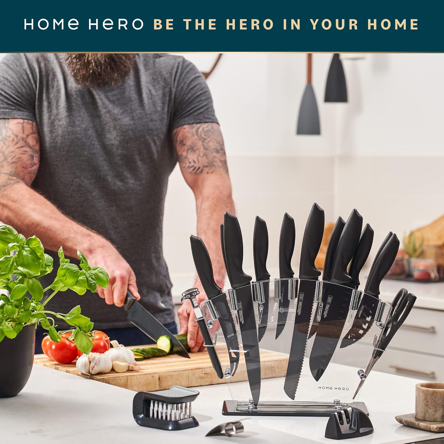 Home Hero 20-Piece Kitchen Knife Set with Block & Built-In Sharpener