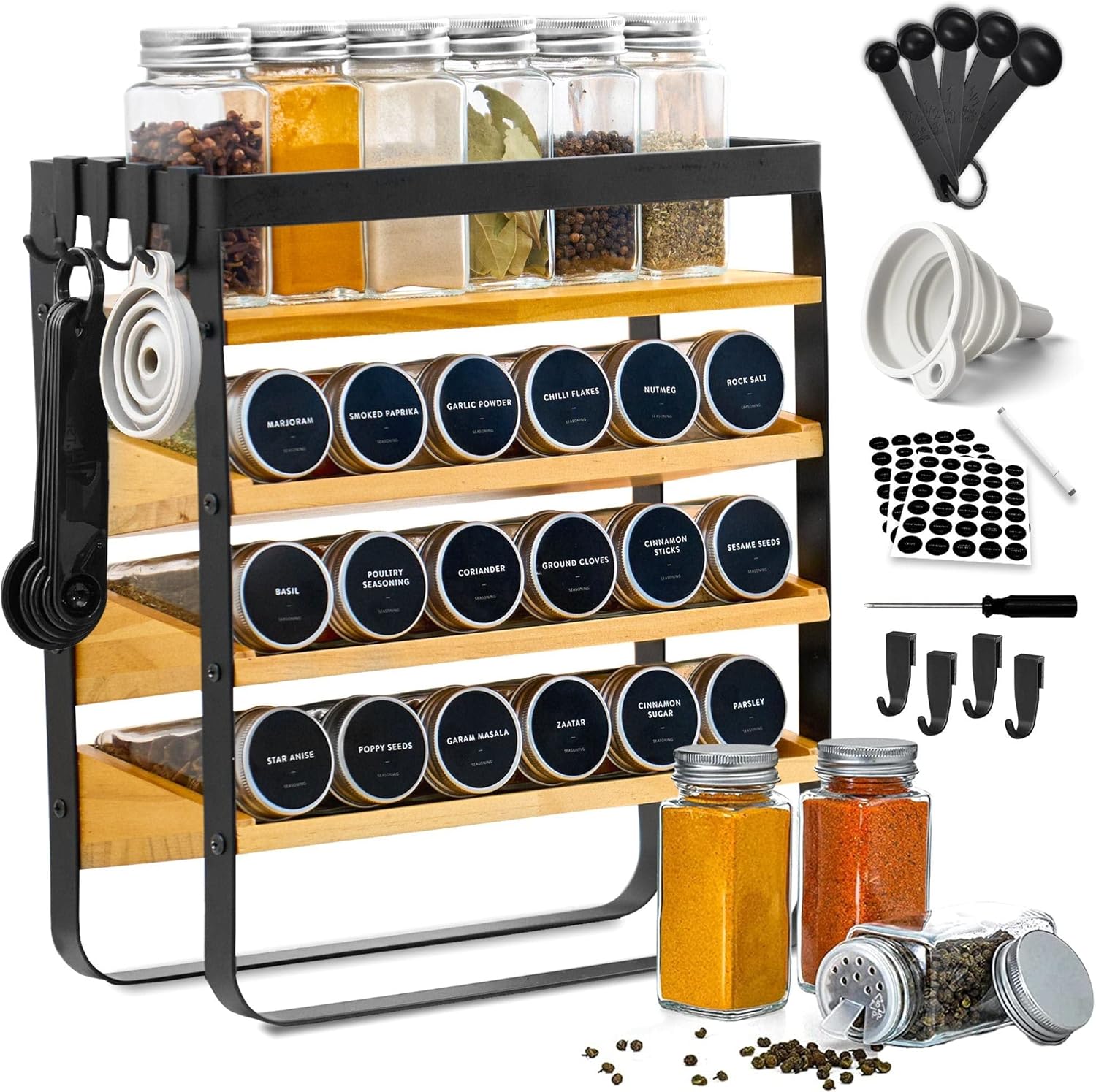 Home Hero Spice Rack Organizer – 24 Jars, 3 Tier Wooden & Iron Rack with 250 Labels