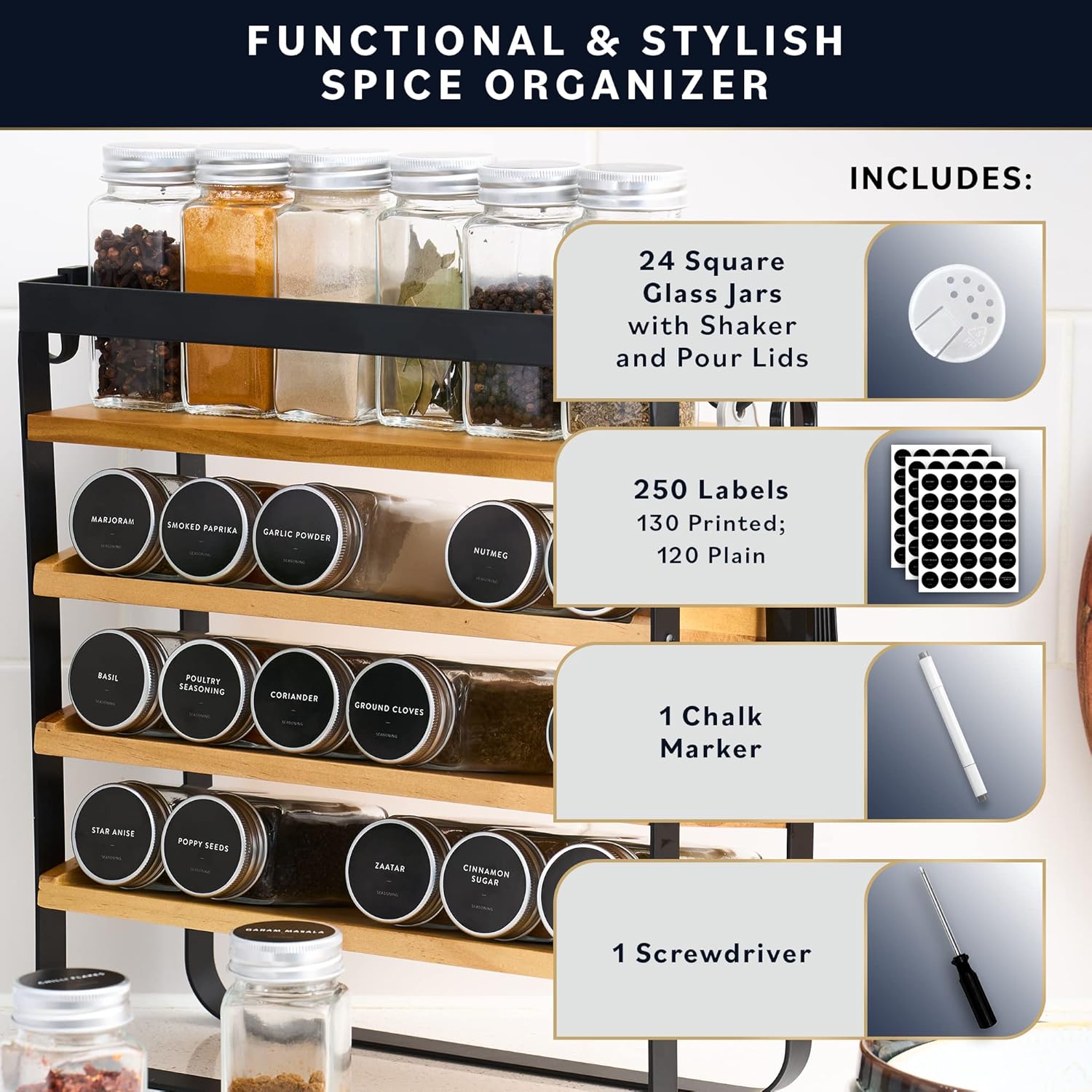 Home Hero Spice Rack Organizer – 24 Jars, 3 Tier Wooden & Iron Rack with 250 Labels