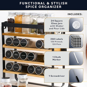 Home Hero Spice Rack Organizer – 24 Jars, 3 Tier Wooden & Iron Rack with 250 Labels