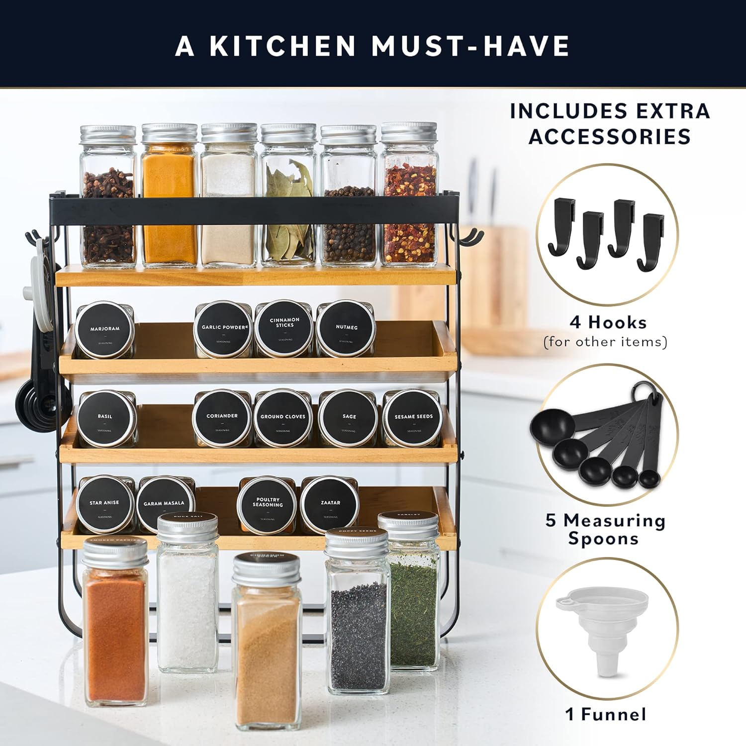Home Hero Spice Rack Organizer – 24 Jars, 3 Tier Wooden & Iron Rack with 250 Labels