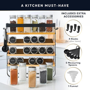 Home Hero Spice Rack Organizer – 24 Jars, 3 Tier Wooden & Iron Rack with 250 Labels