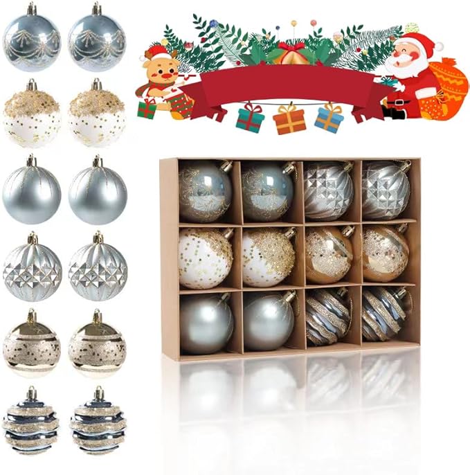 12pc Christmas Ornament Bulb Set – Glittery Shatterproof Tree Decorations