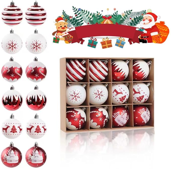12pc Christmas Ornament Bulb Set – Glittery Shatterproof Tree Decorations
