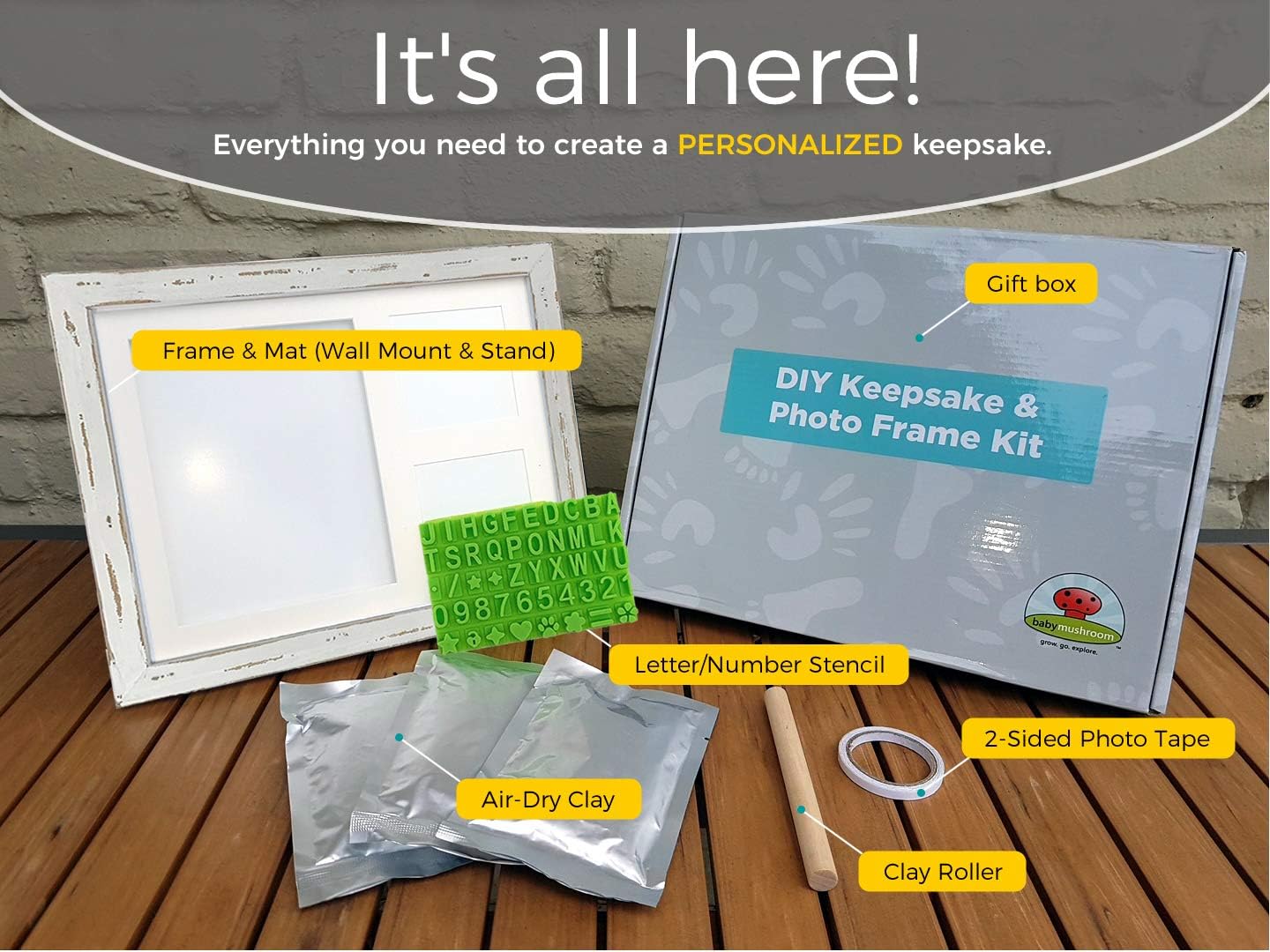 Baby Mushroom Farmhouse Hand & Footprint Keepsake Frame Kit – Rustic 9" x 11" Distressed Wood