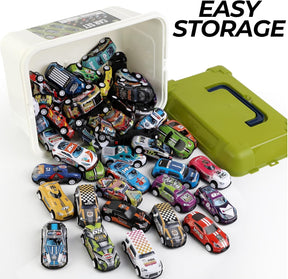 50pk Pull Back Cars – Mini Die-Cast Race Vehicles with Storage Bucket