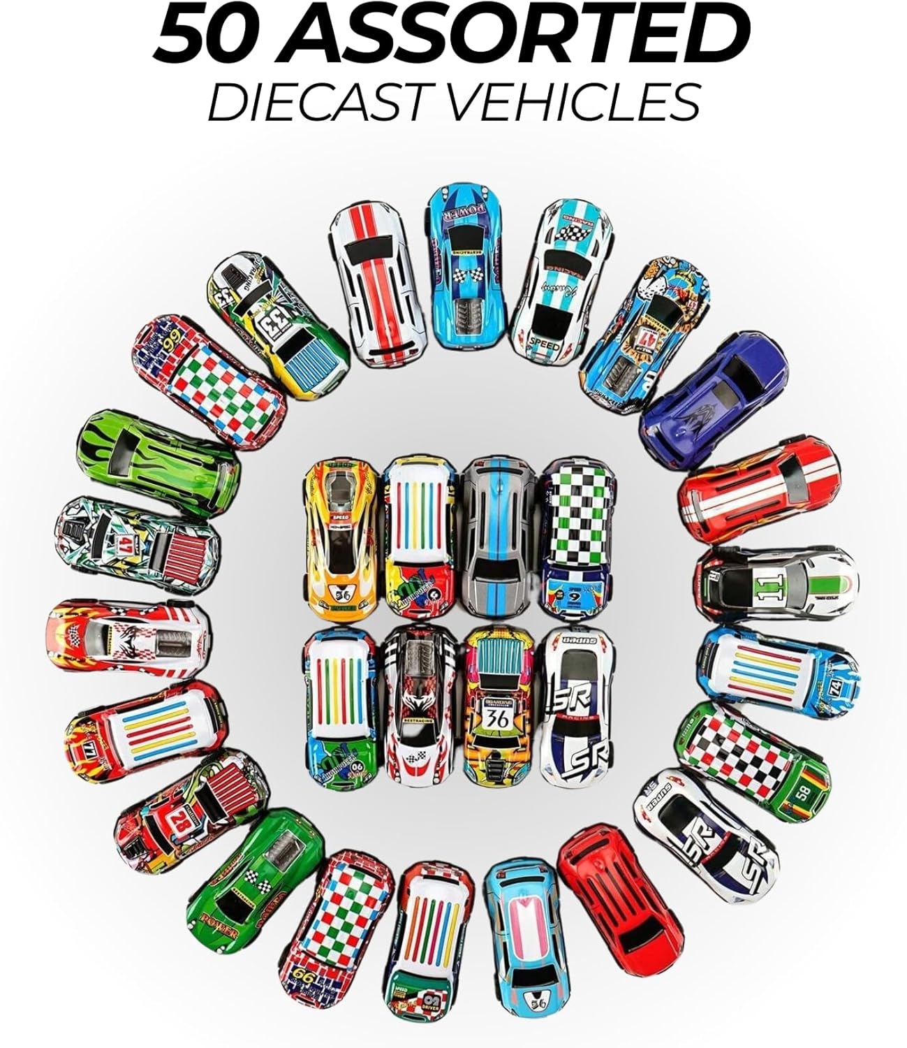 50pk Pull Back Cars – Mini Die-Cast Race Vehicles with Storage Bucket