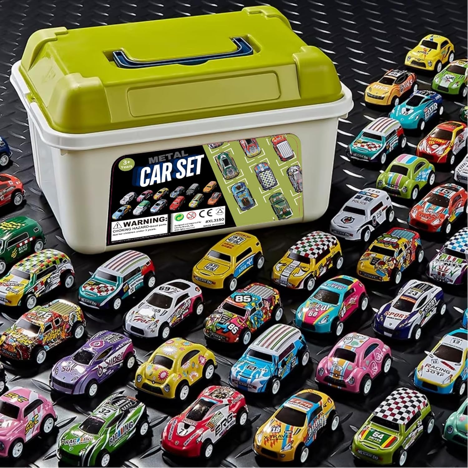 50pk Pull Back Cars – Mini Die-Cast Race Vehicles with Storage Bucket