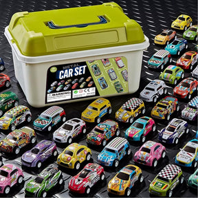 50pk Pull Back Cars – Mini Die-Cast Race Vehicles with Storage Bucket