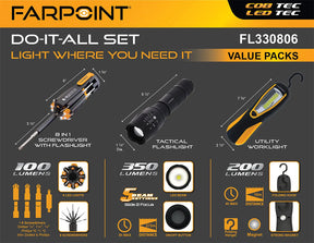 FARPOINT Do-It-All™ Flashlight Set – Tactical Flashlight, Work Light & 8-in-1 Lighted Screwdriver