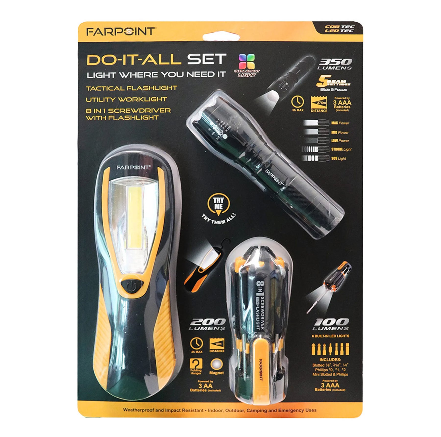 FARPOINT Do-It-All™ Flashlight Set – Tactical Flashlight, Work Light & 8-in-1 Lighted Screwdriver