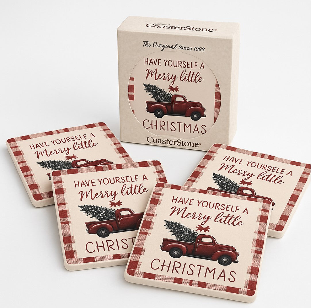 4pk CoasterStone Christmas Coaster Set – Vintage Red Truck Holiday Design