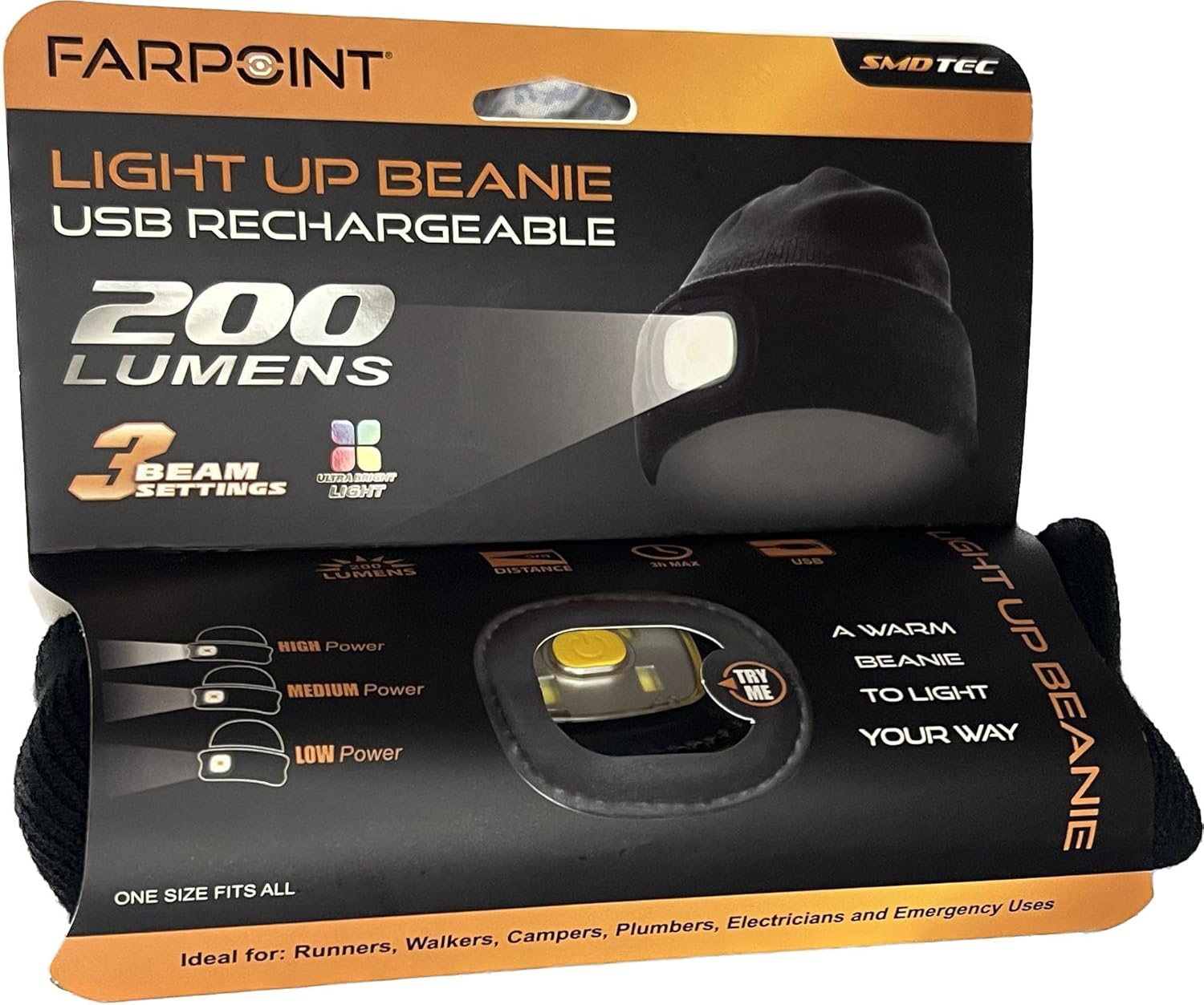 FarPoint USB Rechargeable Light-Up Beanie – 200 Lumen LED Hat