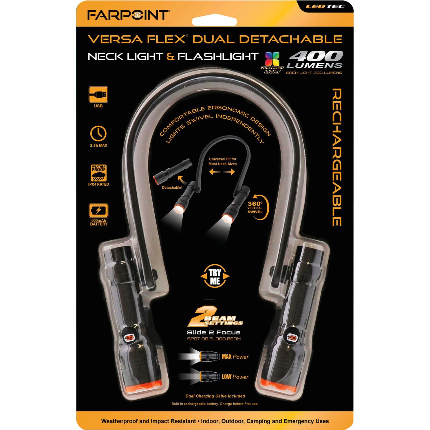 Farpoint Dual Detachable Neck Light & Flashlight – 400 Lumens Rechargeable