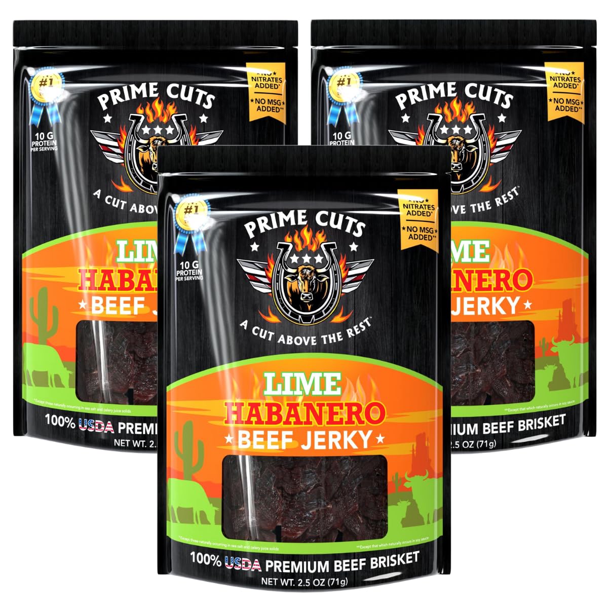 3pk Prime Cuts Beef Jerky 2.5oz Bags – USDA Prime Brisket,  Choose 6 Bold Flavors
