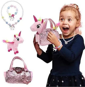 Plush 8" Unicorn Toy Set with Purse ,Necklace, & Bracelet – Unicorn Gift Set for Girls
