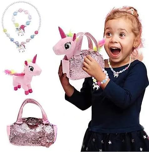 Plush 8" Unicorn Toy Set with Purse ,Necklace, & Bracelet – Unicorn Gift Set for Girls