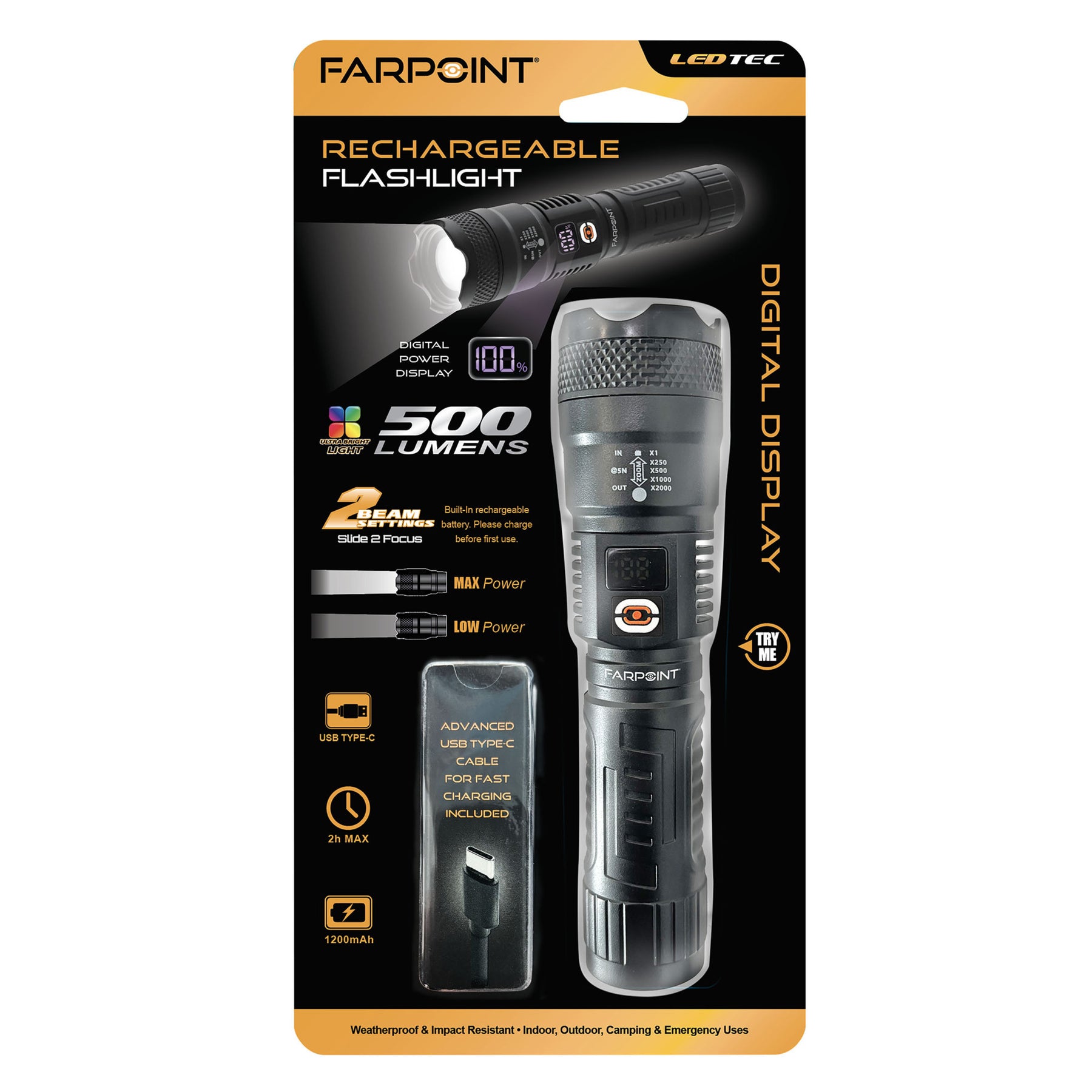 FarPoint Rechargeable Flashlight with Digital Battery Display – USB-C, Slide-Focus Beam
