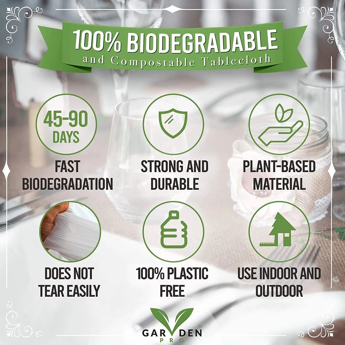 3pk  Garden Pro Compostable Tablecloths – 108″ x 54″, Strong & Durable