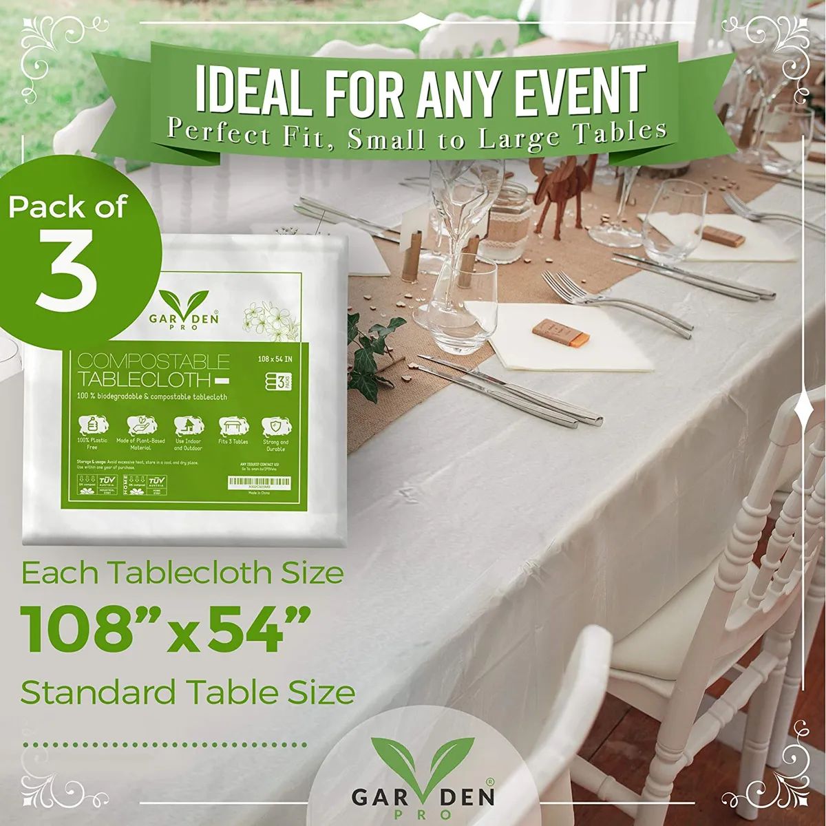 3pk  Garden Pro Compostable Tablecloths – 108″ x 54″, Strong & Durable