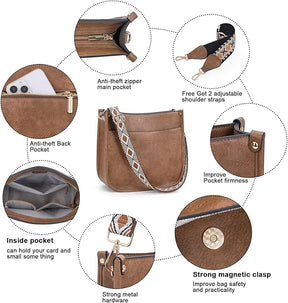 Soft Vegan Leather Hobo Crossbody Handbag with 2 Adjustable Guitar Style Straps