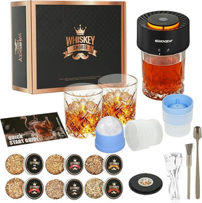 Electric Whiskey Smoker Kit – 2 Ice Ball Molds, 2 Glasses, Built-in Lighter & More