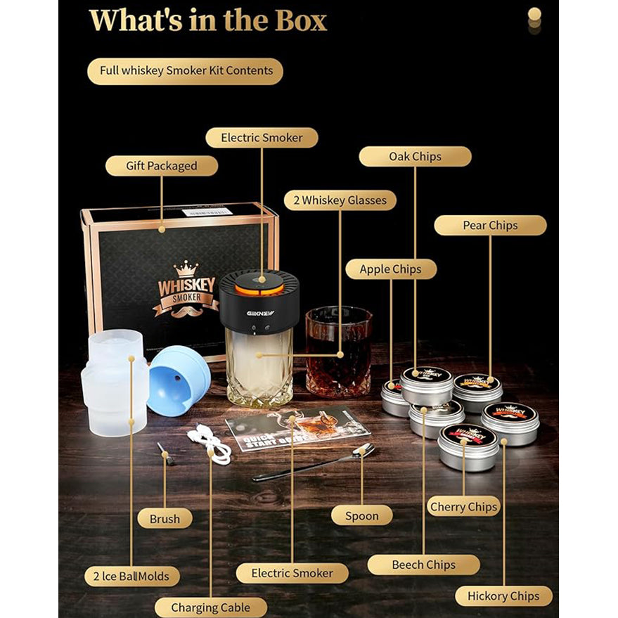 Electric Whiskey Smoker Kit – 2 Ice Ball Molds, 2 Glasses, Built-in Lighter & More