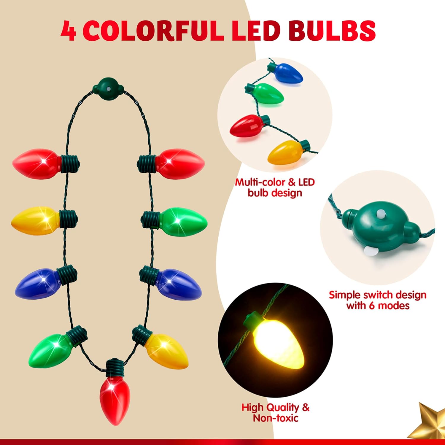LED Christmas Necklace – 9 Bulbs, 6 Light Modes Light-Up Party Accessory