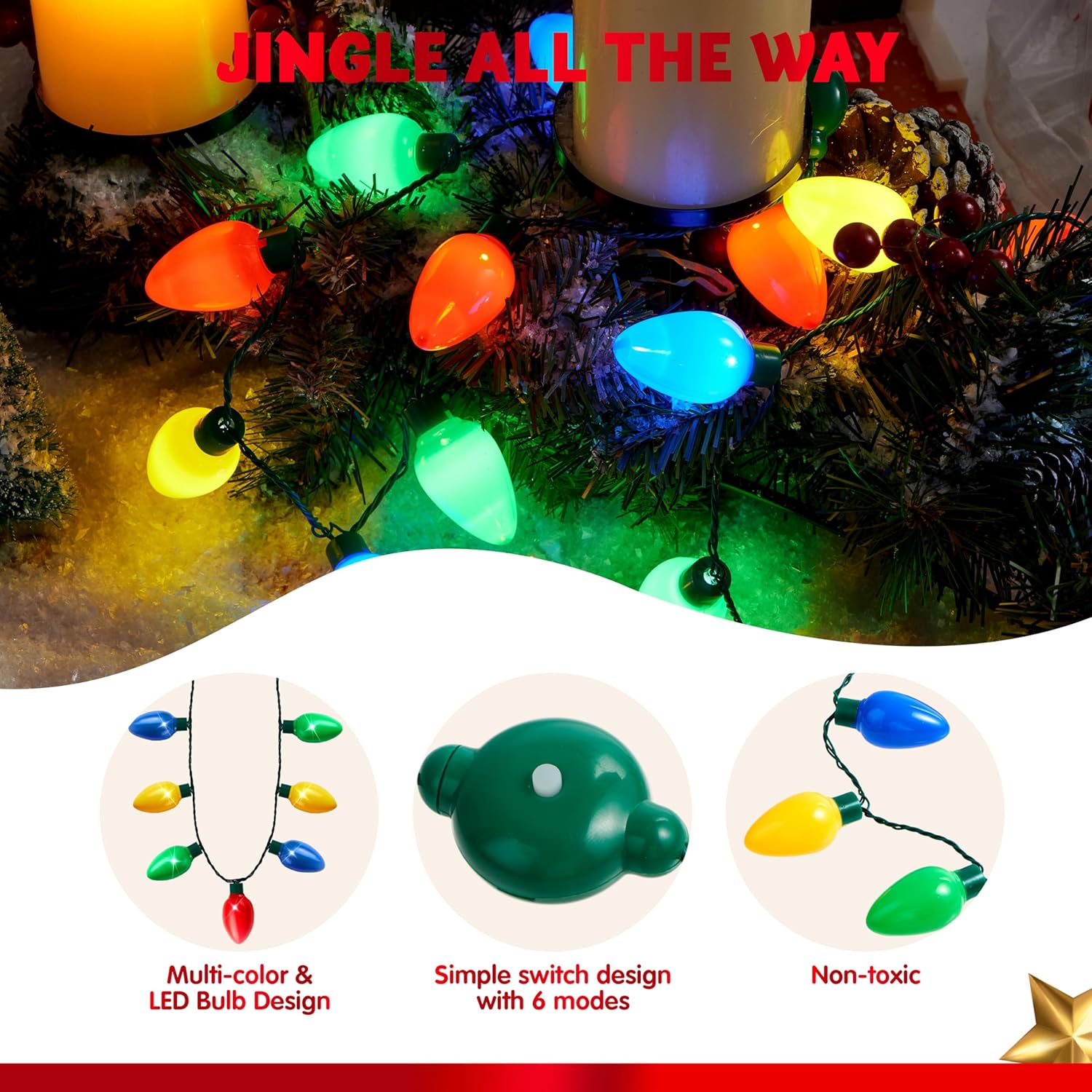 LED Christmas Necklace – 9 Bulbs, 6 Light Modes Light-Up Party Accessory
