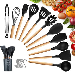 22 Piece Kitchen Utensil Set – Non-Stick Heat Resistant Silicone with Wooden Handle