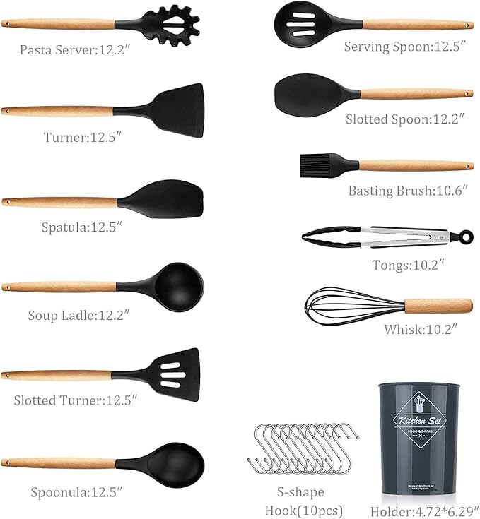 22 Piece Kitchen Utensil Set – Non-Stick Heat Resistant Silicone with Wooden Handle