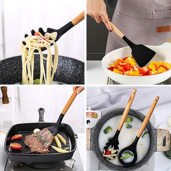 22 Piece Kitchen Utensil Set – Non-Stick Heat Resistant Silicone with Wooden Handle