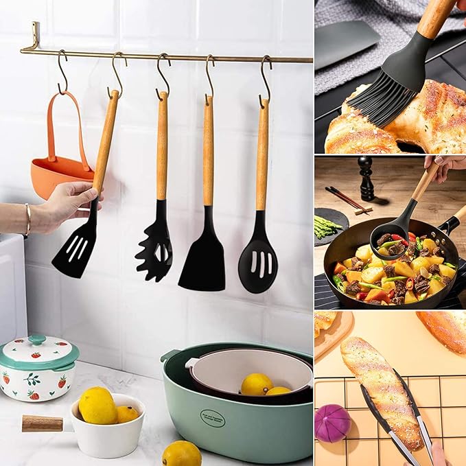 22 Piece Kitchen Utensil Set – Non-Stick Heat Resistant Silicone with Wooden Handle