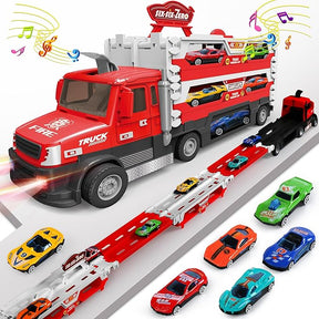 Carrier Truck Toy – 4.6ft Foldable Hauler Track – 6 Metal Race Cars with Lights & Sounds
