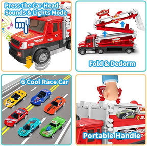 Carrier Truck Toy – 4.6ft Foldable Hauler Track – 6 Metal Race Cars with Lights & Sounds