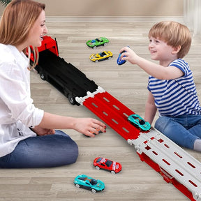 Carrier Truck Toy – 4.6ft Foldable Hauler Track – 6 Metal Race Cars with Lights & Sounds