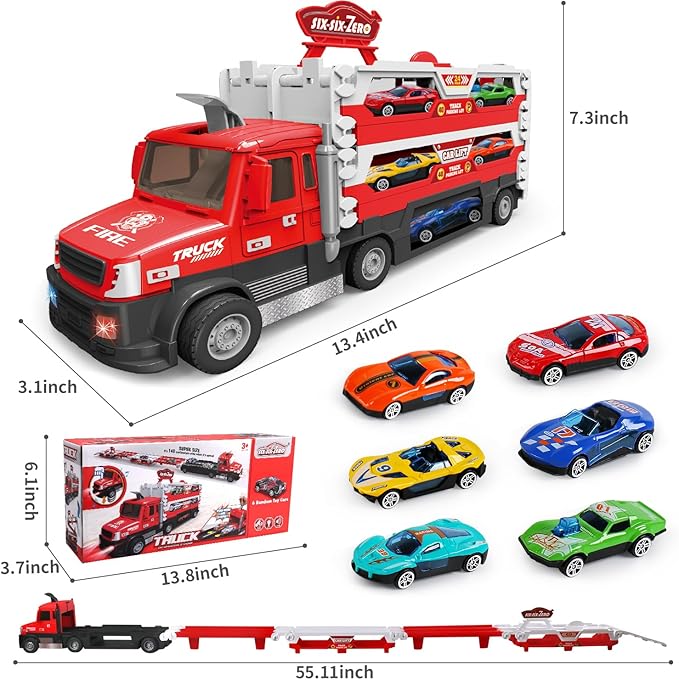 Carrier Truck Toy – 4.6ft Foldable Hauler Track – 6 Metal Race Cars with Lights & Sounds
