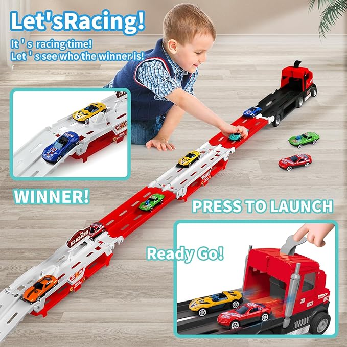 Carrier Truck Toy – 4.6ft Foldable Hauler Track – 6 Metal Race Cars with Lights & Sounds