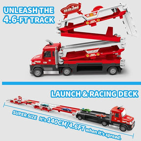 Carrier Truck Toy – 4.6ft Foldable Hauler Track – 6 Metal Race Cars with Lights & Sounds
