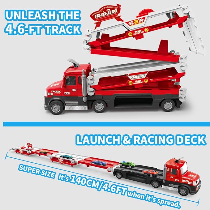 Carrier Truck Toy – 4.6ft Foldable Hauler Track – 6 Metal Race Cars with Lights & Sounds