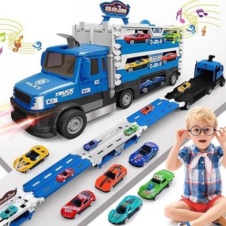 Carrier Truck Toy – 4.6ft Foldable Hauler Track – 6 Metal Race Cars with Lights & Sounds
