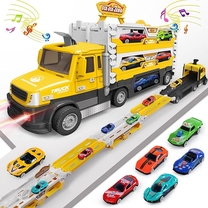 Carrier Truck Toy – 4.6ft Foldable Hauler Track – 6 Metal Race Cars with Lights & Sounds