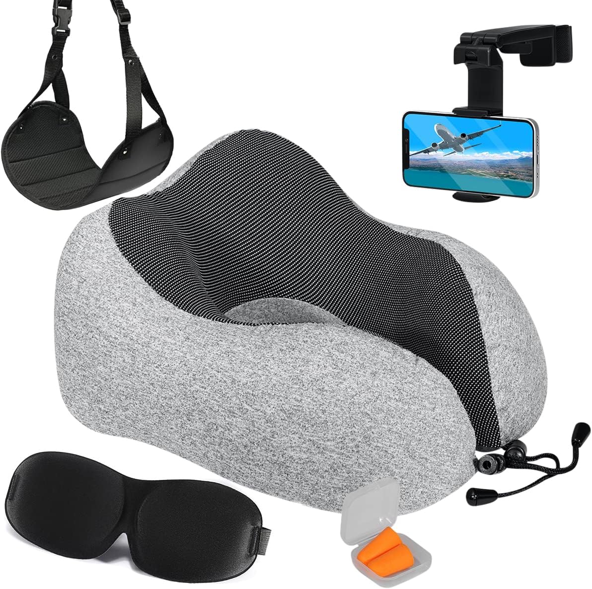 Airplane Travel Kit with Memory Foam Neck Pillow – 6 Piece Flight Comfort Set