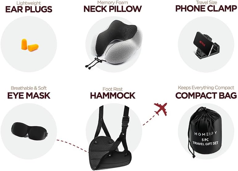 Airplane Travel Kit with Memory Foam Neck Pillow – 6 Piece Flight Comfort Set