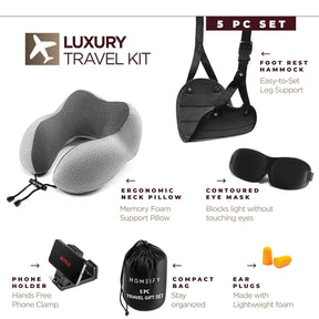 Airplane Travel Kit with Memory Foam Neck Pillow – 6 Piece Flight Comfort Set