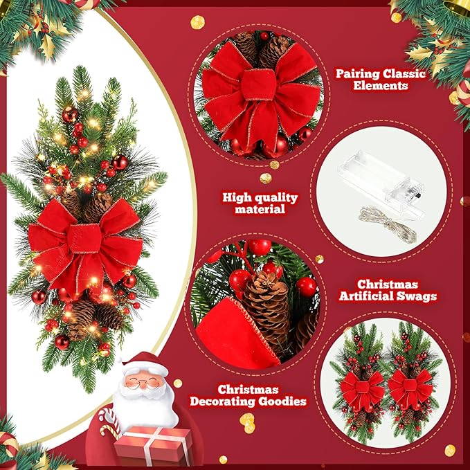2pk Pre-Lit Christmas Wreath Swags – 24″ Battery Operated Garland Décor