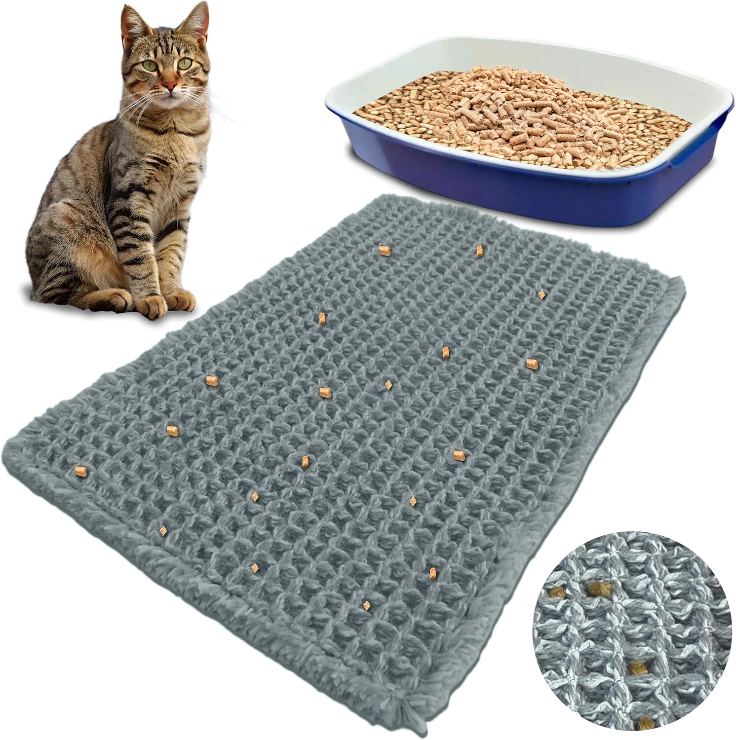 Cat Litter Mat – 24″ x 16″ Non-Slip Yarn Kitty Litter Trapper – Grey